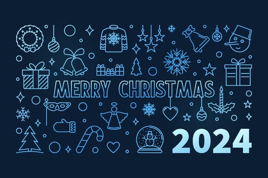 2024 Xmas colorful poster or banner in outline style - vector Merry Christmas blue horizontal illustration