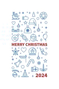 Merry Xmas 2024 thin line Banner - vector Christmas concept vertical illustration