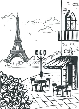 Cafe on background of Eiffel Tower sketch vector