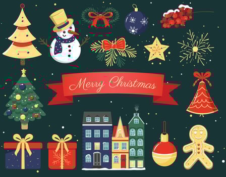 Christmas collection of seasonal elements with snowman, christmas trees, gift, scandi houses. Vector winter design.