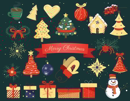 Christmas collection of seasonal elements with snowman, christmas trees, mittens gift. Vector winter design.