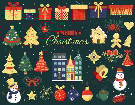 Christmas collection of seasonal elements with snowman, christmas trees, gift, scandi houses. Vector winter design.