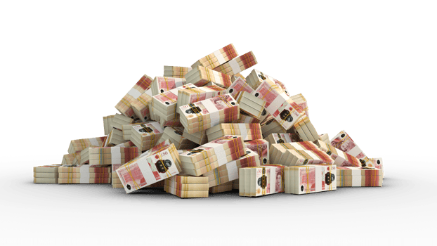 Big pile of bundles of 50 British pound sterling notes. 3d rendering of stacks of cash png