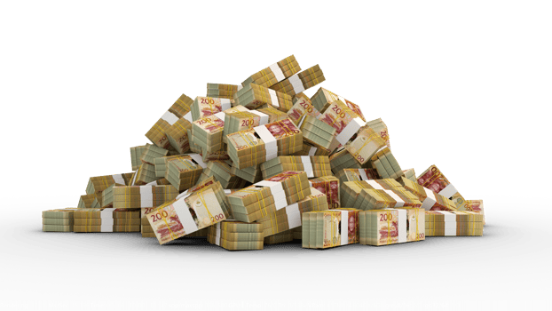 Big pile of bundles of Lesotho loti notes. 3d rendering of stacks of cash png