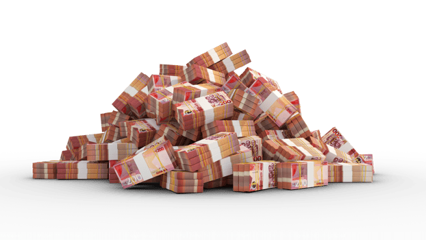 Big pile of bundles of 200 Ghanaian cedi notes. 3d rendering of stacks of cash png