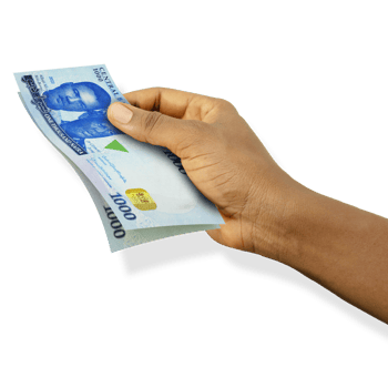 Fair hand holding 3D rendered 1000 Nigerian Naira notes isolated on transparent background png