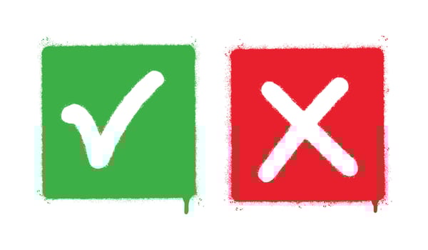 Spray Painted Graffiti Green tick check mark and cross mark icon Sprayed isolated with a white background. graffiti symbols YES and NO with over spray in black over white. vector