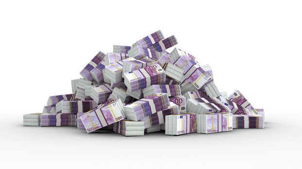 Big pile of bundles of 500 Euro notes. 3d rendering of stacks of cash png