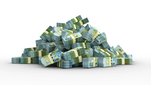 Big pile of bundles of 20 Kuwaiti dinar notes. 3d rendering of stacks of cash png