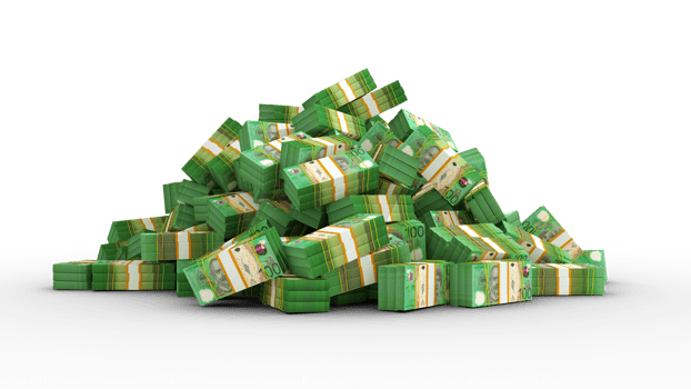 Big pile of bundles of 100 Australian dollar notes. 3d rendering of stacks of cash png