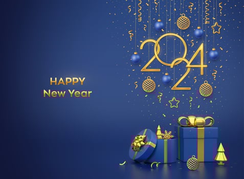 Happy New 2024 Year. Hanging golden metallic numbers 2024 with stars, balls and confetti on blue background. Gift boxes and golden metallic pine or fir, cone shape spruce trees. Vector illustration.