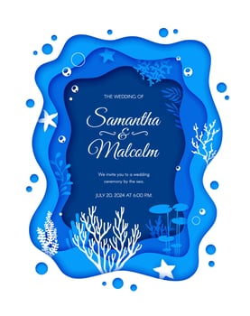 Wedding invitation with sea paper cut landscape vector