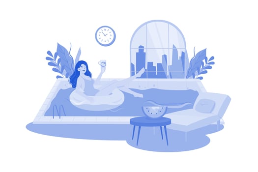 A woman swims in the hotel pool during her vacation. vector
