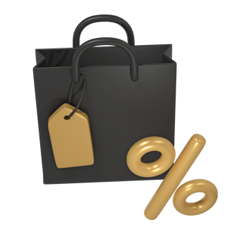 3d render Black Friday illustration with modern dark shopping bag and golden tag and percent mock up design. Discount, special offers promotion, shop advertisement png