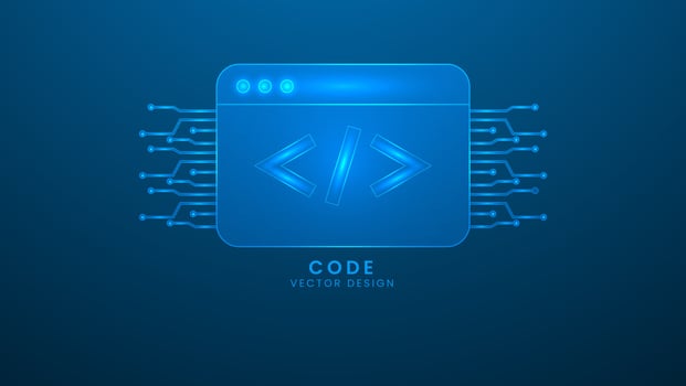 Programming code development. Computer programming and developing software. Vector illustration with light effect and neon