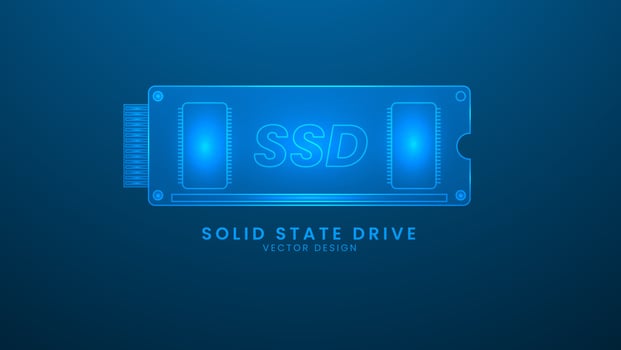 Solid State Drive computer memory. Vector illustration with light effect and neon