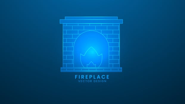 The old brick fireplace with hot fire inside. Vector illustration with light effect and neon