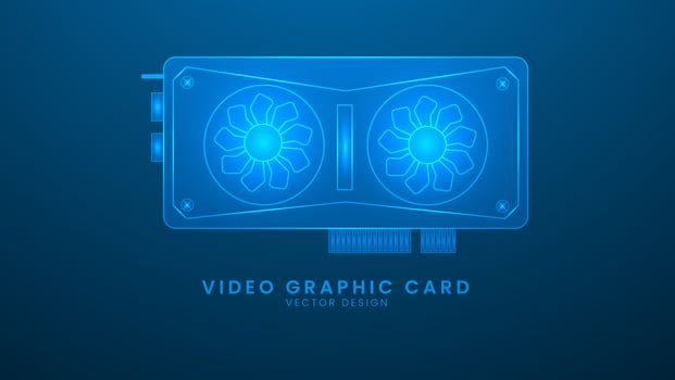 Computer card GPU. Video Graphic Card. Vector illustration with light effect and neon