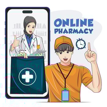 Online Pharmacy Services. Male courier delivers medications with female doctor in headscarf. Medical shopping concept, extra fast delivery. Vector illustration pro download