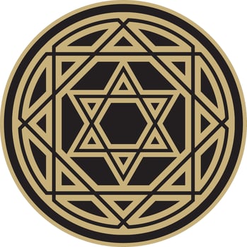 Vector round gold and black jewish national ornament. Star of David. Semitic folk circle, pattern. Israeli ethnic sign, ring