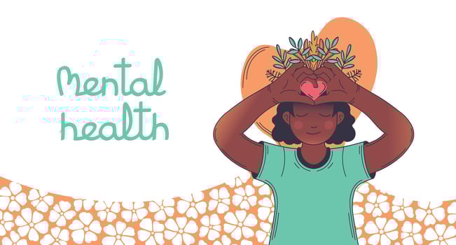 World Mental health day web banner. Vector Background. Happy female head with flowers inside. Mindfulness, positive thinking, self care idea. Flat vector illustrations.
