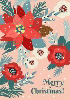Christmas and Happy New Year card with white Christmas tree and flowers. Trendy retro style. Vector design template.