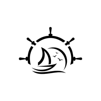 Ship and vintage ship wheel logo. Vector illustration.