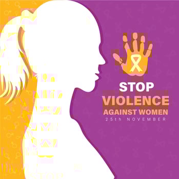 International day for the Elimination of Violence against woman november 25th. stop symbol palm, awareness yellow ribbon, woman silhouette, and world map. sapce text typography. vector illustration