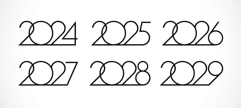 Set of creative numbers from 2024 to 2029. Happy new year icons 2025, 2026, 2027 and 2028. Calendar or planner title. Business style. Black and white concept. Isolated graphic design. Typographic idea vector