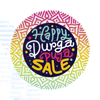 Happy Durga Puja sale template with colorful typography design for Indian traditional festival . Vector Hand drawn lettering template, poster, banner, greeting card with celebration elements.