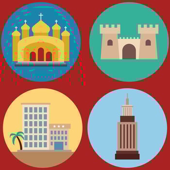 Buildings icon vector set. Bank, school, courthouse, university, library. Architecture concept. Can be used for topics like office, city, real estate