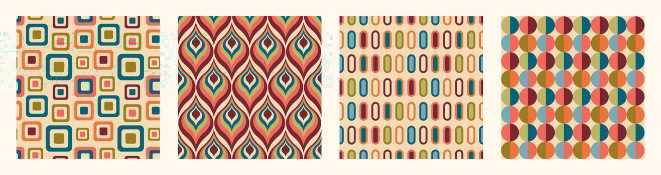 Set of Aesthetic mid century printable seamless pattern with retro design. Decorative 50s, 60s, 70s style Vintage modern background in minimalist mid century style for fabric, wallpaper or wrapping vector