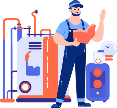 Hand Drawn Technician or engineer with engine in factory in flat style png