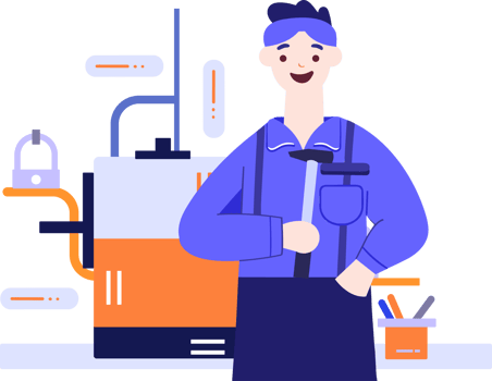 Hand Drawn Technician or engineer with engine in factory in flat style png