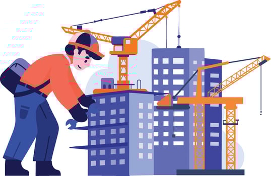 Hand Drawn Engineer or architect with building under construction in flat style vector