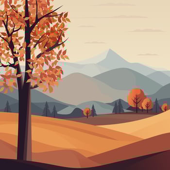 Autumn morning landscape vector illustration. Rolling hills, lush meadows, and vibrant trees, mountains on the background make it ideal for posters and banners celebrating the season not AI