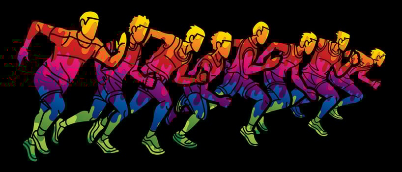 Men Start Running Together Marathon Runner Action Cartoon Sport Graphic Vector