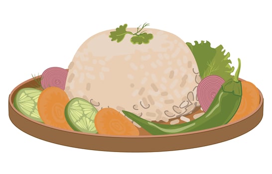 Boiled rice and vegetables on a platter. Vector, flat style. A traditional side dish or main dish in Asia and Japan. White fluffy basmati rice in a bowl. vector