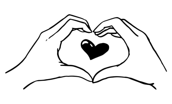 Doodle of heart gesture, hands in shape of hearts. Hand drawn vector illustration. Simple sketch isolated on white. Contour drawing for st Valentine holiday design, print, card, sticker, decor, poster
