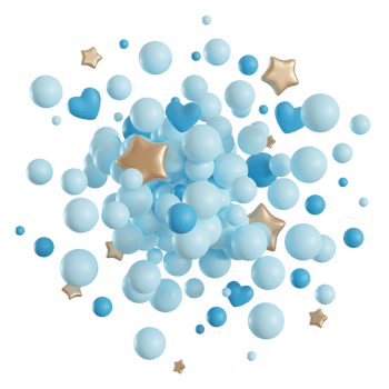 Blue balloons on transparent background. It's a boy foreground. Cut out graphic design elements. Happy birthday, party, baby shower decoration. Round shape, explosion, blast, circle. 3D render. png