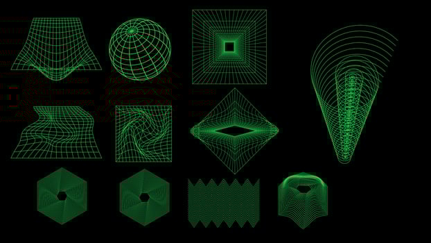 Set of Vector Y2K Wireframe elements. grid lines in green. wireframe 00s, 80s or 90s style. Retro cyberpunk style