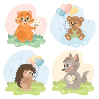 Set of cute cartoon little animal characters, giraffe, teddy bear, squirrel, chicken, duckling, raccoon, hedgehog, wolf, beaver. Illustrations in flat style. Children's print, postcard. Vector