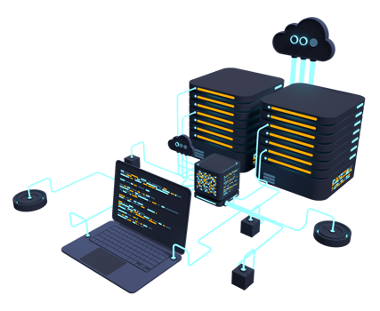 Computer technology 3D illustration. Computation of big data center. Cloud computing. Online devices upload and download information. Modern 3D illustration. 3D rendering png