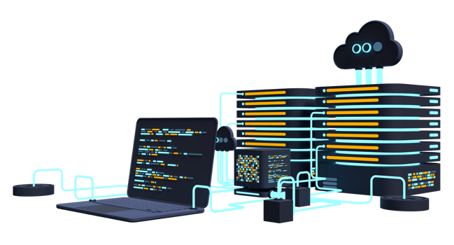 Computer technology 3D illustration. Computation of big data center. Cloud computing. Online devices upload and download information. Modern 3D illustration. 3D rendering png