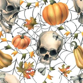 Human skull with orange pumpkins, cobwebs, garlands of flags and autumn leaves. Hand drawn watercolor illustration for Halloween and Day of the Dead. Seamless pattern on a white background. vector