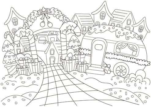 Christmas town coloring page for kids and adults with houses and camping vehicle with christmas tree and sweets vector