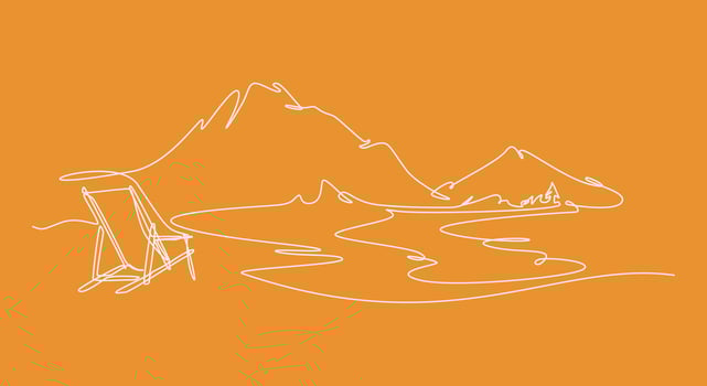 continuous one line drawing of beach landscape, mountain, and beach chair. editable stroke. vector illustration