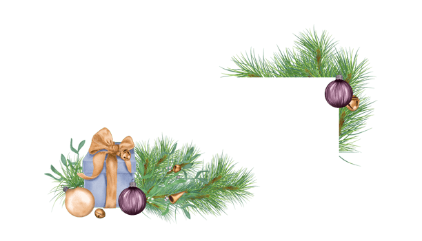 Frame of Christmas tree with balls, gift and bells digital illustration. Spruce decoration, present box hand drawn. Element for Christmas card, new year web banner, holiday package. png