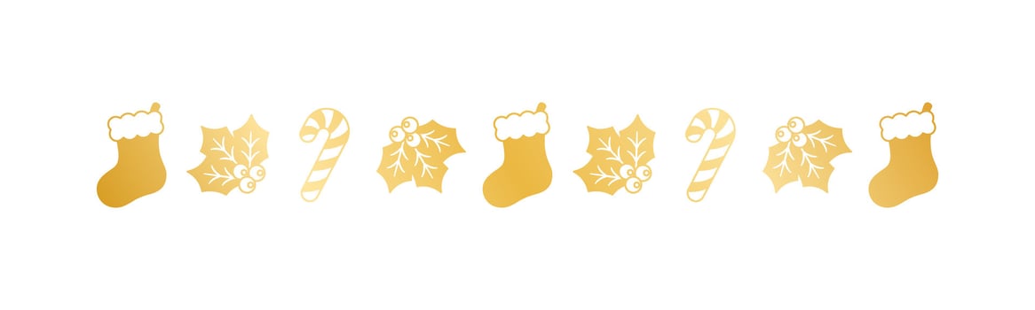 Gold Christmas themed decorative border and text divider, Christmas Stocking, Candy Cane and Mistletoe Pattern Silhouette. Vector Illustration.