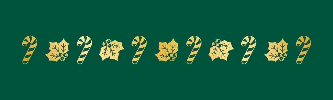 Gold Christmas themed decorative border and text divider, Mistletoe and Candy Cane Pattern Silhouette. Vector Illustration.